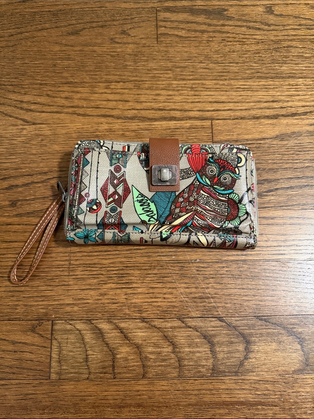 Sakroots Multicolor Owl Print Wristlet with Brown Strap